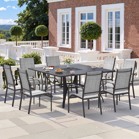 U-HOMY 9-Piece Outdoor Dining Set for 8, Textilene Chairs, Square Table, Umbrella Hole, Weatherproof, Blue/Brown/Gray