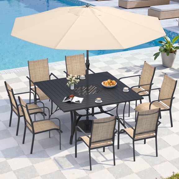 U-HOMY 9-Piece Outdoor Dining Set for 8, Textilene Chairs, Square Table, Umbrella Hole, Weatherproof Patio Furniture(Blue/Brown/Gray)