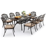 9 Piece Outdoor Dining Set, Retro Cast Aluminum Set for 8 includes an 86.6  Rectangular Table, 8 Cushioned Chairs, and Umbrella Hole, for Patio Deck Garden.
