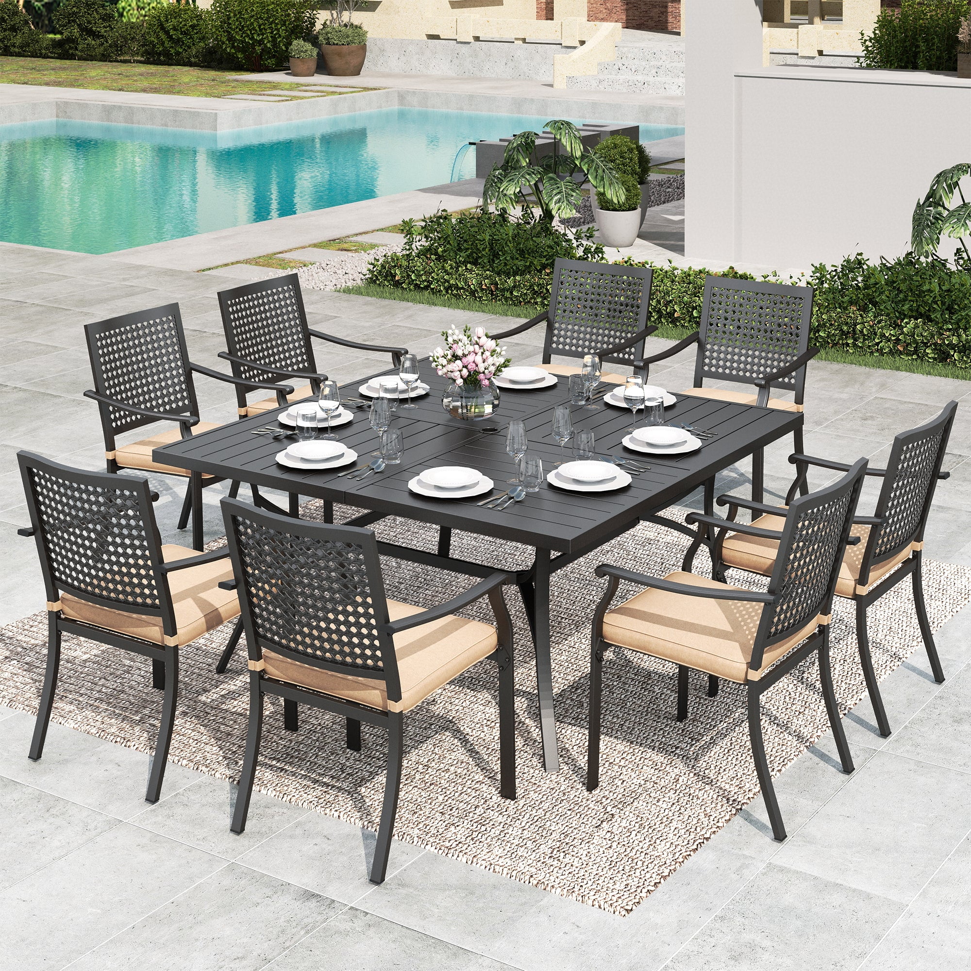 iwicker patio square steel dining table with umbrella hole Phi Villa 60" Enlarged Basket-wave Sqaure making it ideal for gatherings with family and friends 37 in. Square Metal Plastic
