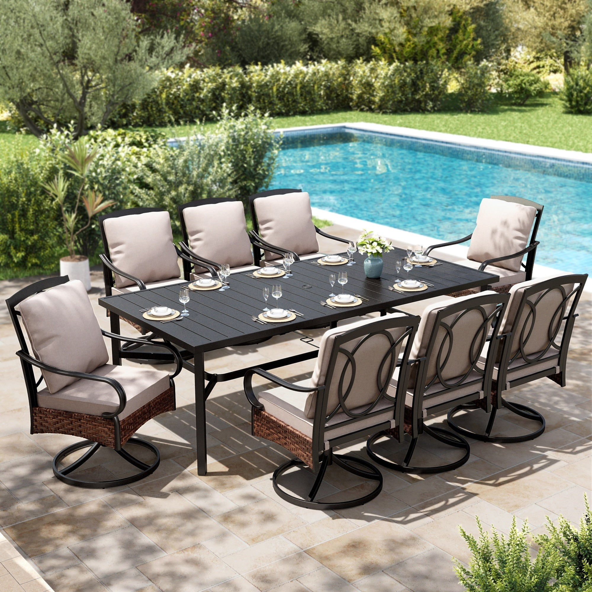 9-Piece Outdoor Patio Dining Set, Rectangular Patio Table and Swivel Chairs with Seat & Back Cushion for 8 People, Black & Beige