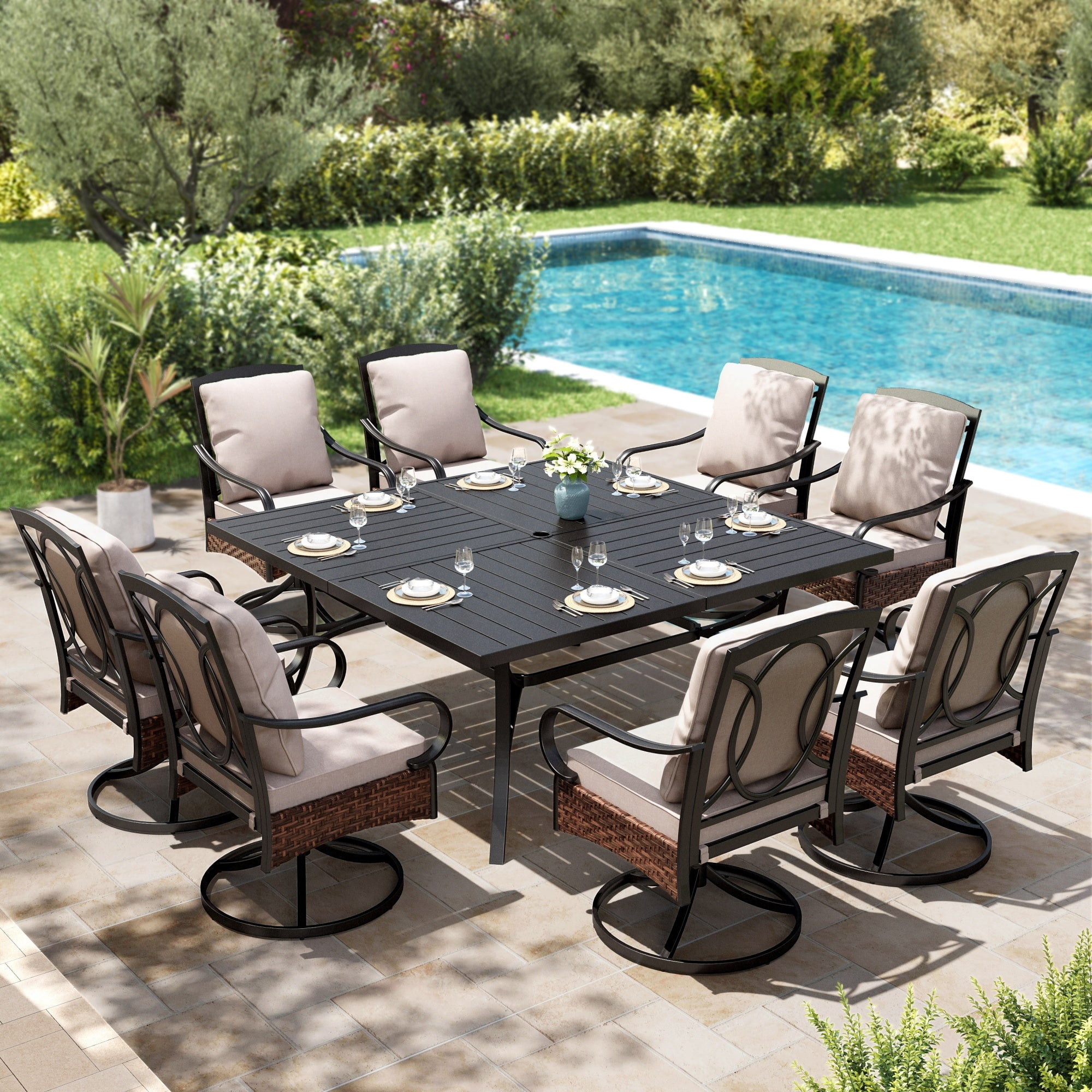 9-Piece Outdoor Patio Dining Set, Square Patio Table and Swivel Chairs with Seat & Back Cushion for 8 People, Black & Beige