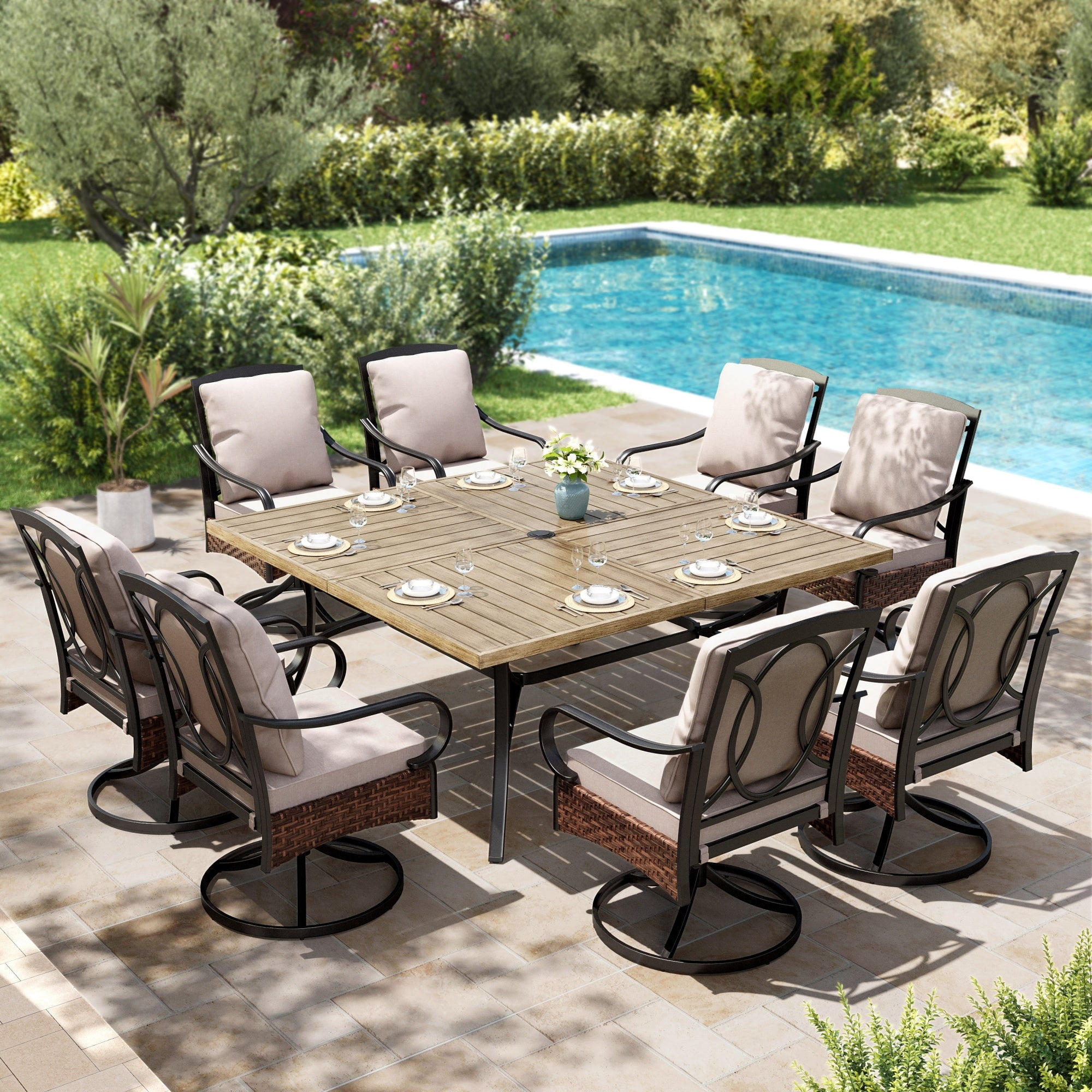 9-Piece Outdoor Patio Dining Set, Square Patio Table and Swivel Chairs with Seat & Back Cushion for 8 People, Brown & Beige
