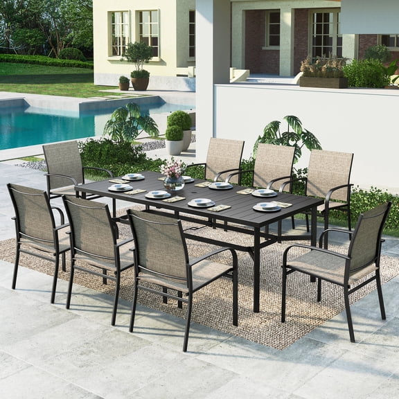 9-Piece Outdoor Patio Dining Set with Metal Steel Rectangular Table with Umbrella Hole & Textilene Chairs for 8-Person, Black & Gray-brown
