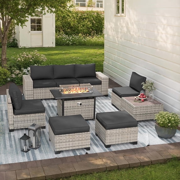 Sweecci 9 Pcs Patio Furniture Set, 55000BTU CSA Propane Fire Pit Table & Ottoman, Double-Strand Rattan Sectional Sofa with 4" Cushions, All-Weather Conversation Set for Backyard Patio,Dark Grey