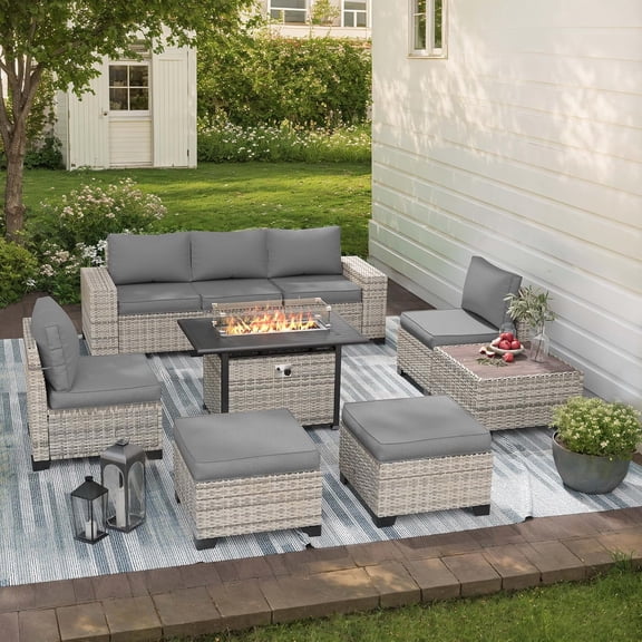 9-Piece Outdoor Patio Furniture Set with 55,000 BTU Fire Pit Table, PE Wicker Rattan Sectional Sofa Patio Conversation Set with Ottomans & Coffee Table, Grey
