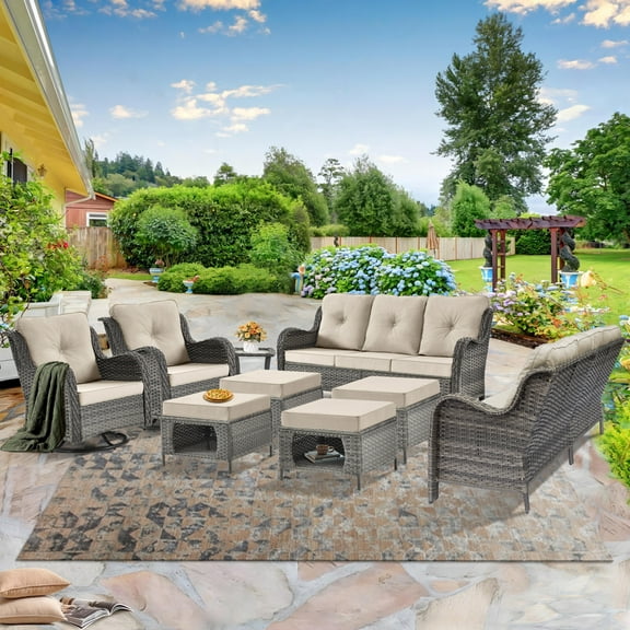9 Piece Outdoor Patio Furniture Set Grey Wicker Patio Furniture-2 Wicker Swivel Rocker Patio Chairs with 2 Wicker Outdoor Couch and 4 Outdoor Ottoman & 1 Side Table, All Weather Patio Furniture Set