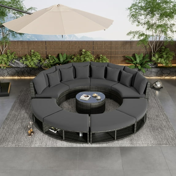 9-Piece Outdoor Patio Furniture Set, Round Patio Conversation Set with Large Half-Moon Storage Rattan Wicker Sectional Sofa Set, Glass Coffee Table & 6 Pillows, for Backyard Patio Garden, Gray