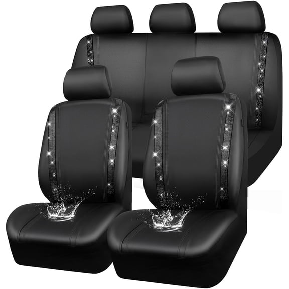 9-Piece PU Leather Patchwork Car Seat Covers with Black, White, and Clear Rhinestones - Front and Rear Universal Fit, Compatible with  Caddy, Ford Focus, Audi A3, Mini Cooper, and More