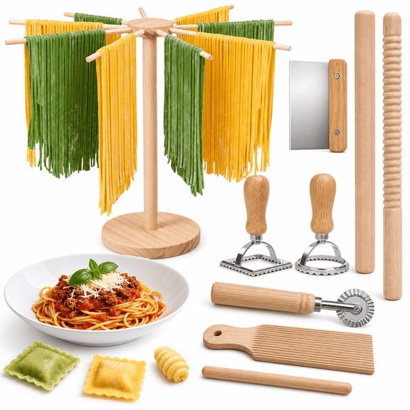 9-Piece Pasta Making Tool Set With Collapsible Drying Rack for Homemade Pasta
