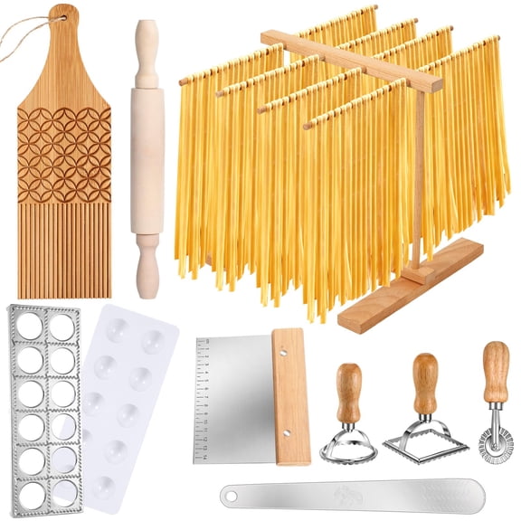 9-Piece Pasta Making Tool Set with Drying Rack, Ravioli Press, Gnocchi Board, Cutters, Spoon, Scraper, Rolling Pin