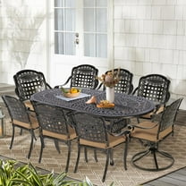 9-Piece Patio Cast Aluminum Dining Set, 8 Person Outdoor Dining Furniture Set, includes 6 Stationary, 2 Swivel Dining Chairs, 84" Oval Table w/Umbrella Hole for Patio Garden, Tan