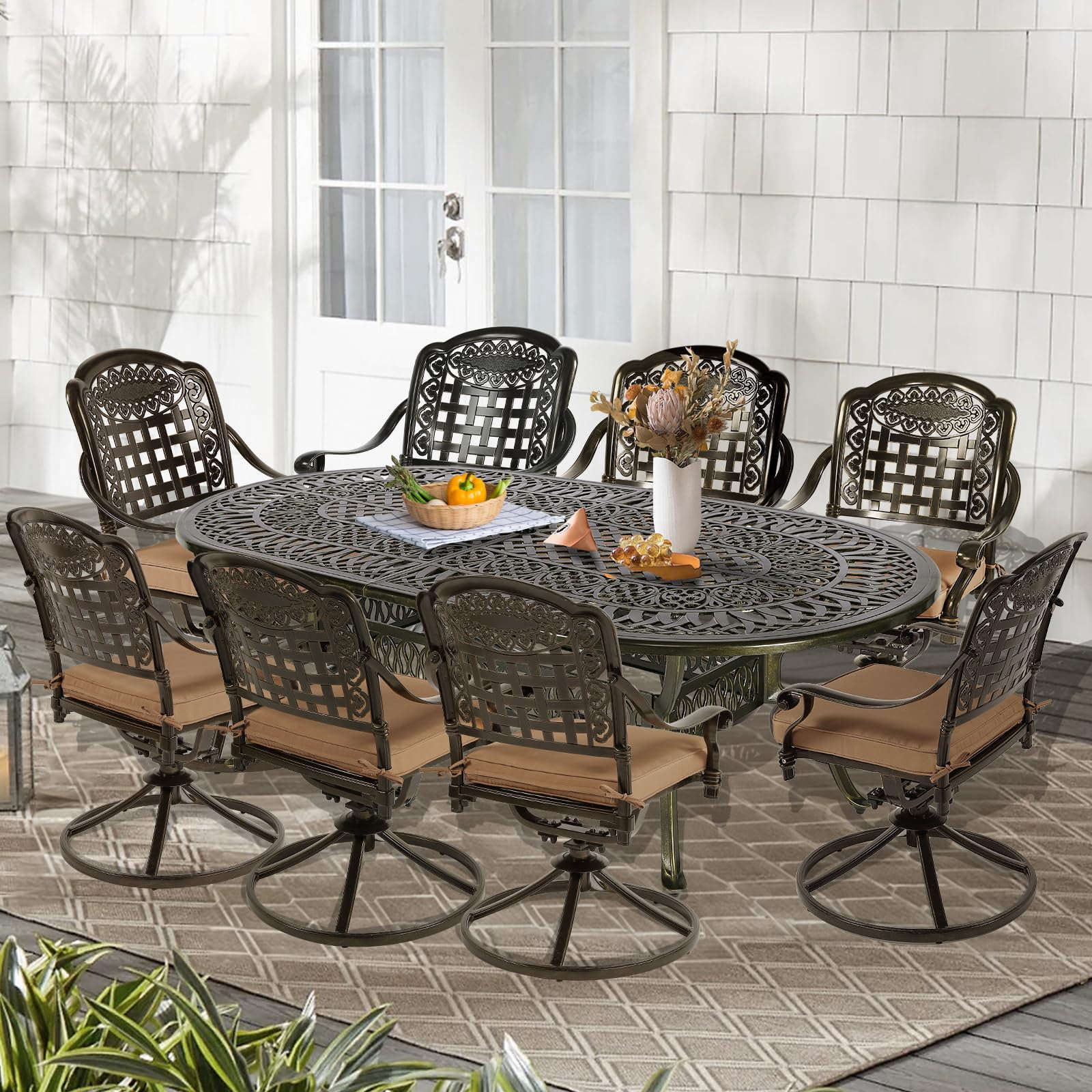 Furniture One 9 Pieces Outdoor Dining Table and Chairs Set All Weather Rust Resistant Cast Aluminium Full Assemble Patio Furniture Set 8 Seats Round Glass Table Top with Umbrella Hole Mix Brown Walmar...