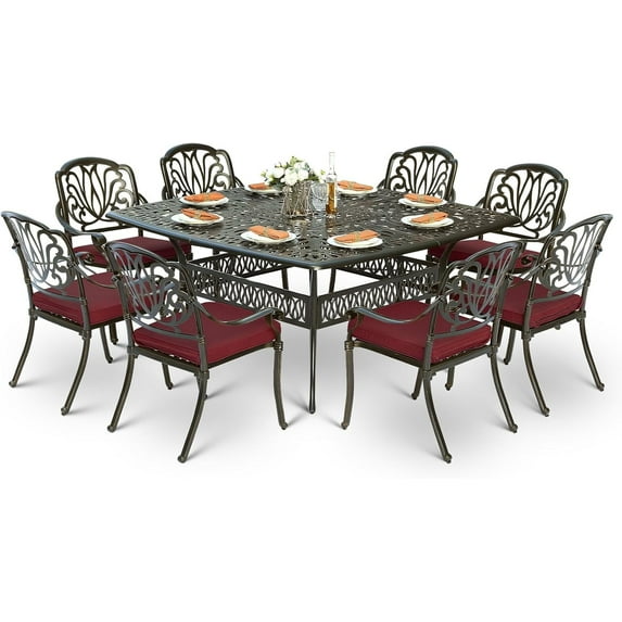 9-Piece Patio Cast Aluminum Dining Set, Outdoor Dining Furniture Set for 8 Person, Includes 64" Square Table and 8 Cushioned Chairs with Umbrella Hole for Patio Deck Garden, Red