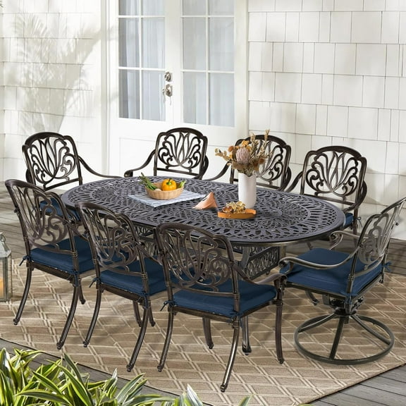 9-Piece Patio Cast Aluminum Dining Set, Outdoor Dining Furniture Set for 8 Person, Includes 6 Stationary, 2 Swivel Dining Chairs, 84" Oval Table w/Umbrella Hole for Patio Garden, Navy Blue