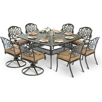 9-Piece Patio Cast Aluminum Dining Set, Outdoor Dining Furniture Set for 8 Person, Includes 64" Square Table, 4 Stationary and 4 Swivel Dining Chairs with Umbrella Hole, Tan
