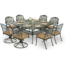 9-Piece Patio Cast Aluminum Dining Set, Outdoor Dining Furniture Set for 8 Person, Includes 64" Square Table, 6 Stationary and 2 Swivel Dining Chairs with Umbrella Hole, Tan