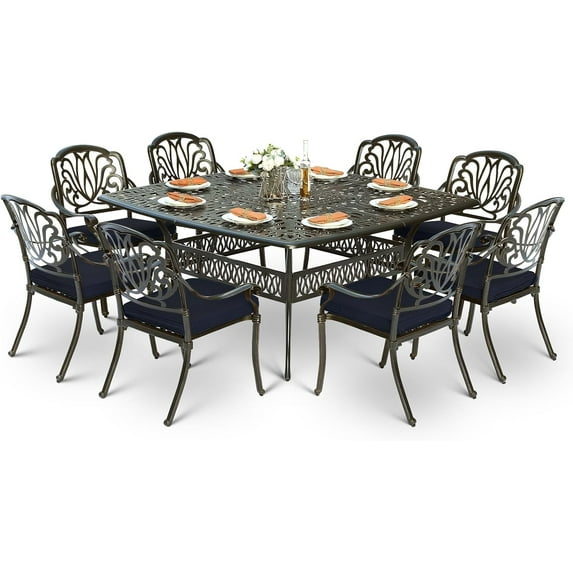 9-Piece Patio Cast Aluminum Dining Set, Outdoor Dining Furniture Set for 8 Person, Includes 64" Square Table and 8 Cushioned Chairs with Umbrella Hole for Patio Deck Garden, Navy Blue