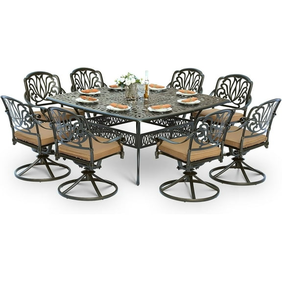 9-Piece Patio Cast Aluminum Dining Set, Outdoor Dining Furniture Set for 8 Person, Includes 64" Square Table and 8 Swivel Rocker Chairs with Umbrella Hole for Patio Deck Garden, Tan