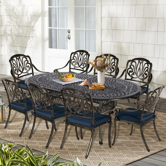 9-Piece Patio Cast Aluminum Dining Set, Outdoor Dining Furniture Set for 8 Person, Includes 84" Oval Table and 8 Cushioned Chairs with Umbrella Hole for Patio Deck Garden, Navy Blue
