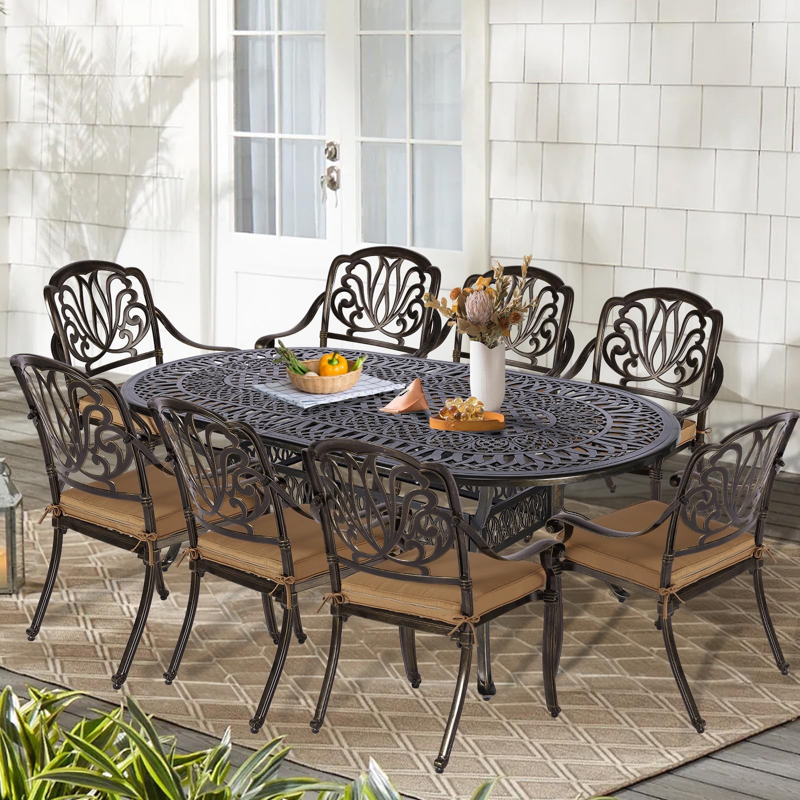 9-Piece Patio Cast Aluminum Dining Set, Outdoor Dining Furniture Set for 8 Person, includes 84" Oval Table and 8 Cushioned Chairs with Umbrella Hole for Patio Deck Garden, Tan