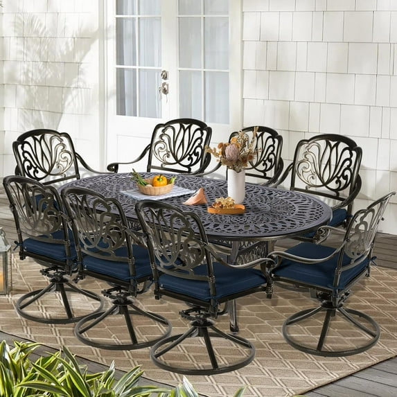 9-Piece Patio Cast Aluminum Dining Set, Outdoor Dining Furniture Set for 8 Person, includes 84" Oval Table and 8 Swivel Dining Chairs with Umbrella Hole for Patio Deck Garden, Navy Blue