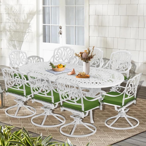 9-Piece Patio Cast Aluminum Dining Set, Outdoor Dining Furniture Set for 8 Person, includes 84" Oval Table and 8 Swivel Dining Chairs with Umbrella Hole for Patio Deck Garden, White/Green