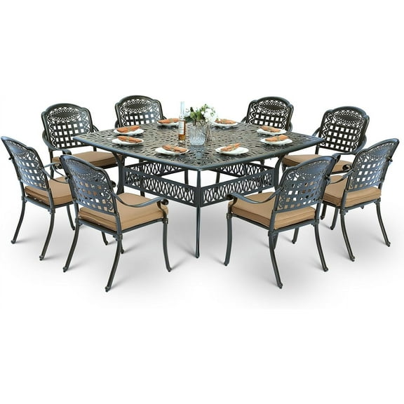 9-Piece Patio Cast Aluminum Dining Set, Outdoor Table and Chairs Set for 8, Includes 64" Large Square Dining Table and 8 Cushioned Chairs with Umbrella Hole for Backyard Lawn Garden, Tan