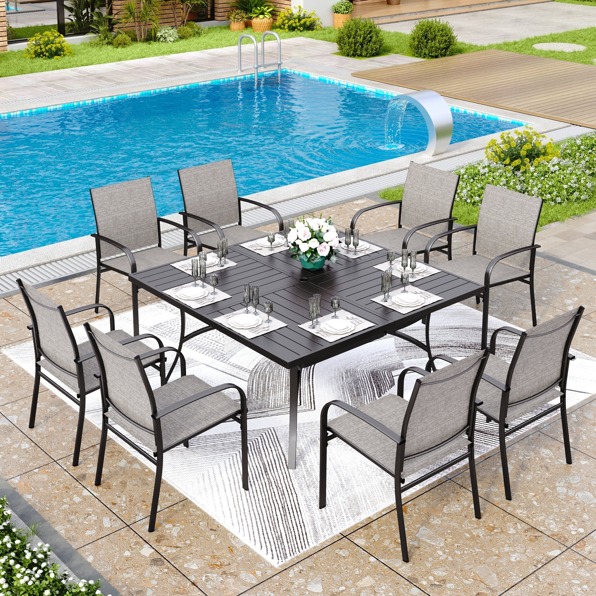 9 Piece Family Patio Dining Set 60 Square Heavy Duty Wrought Iron Table and 8 Textilene Chairs in Brown Walmart