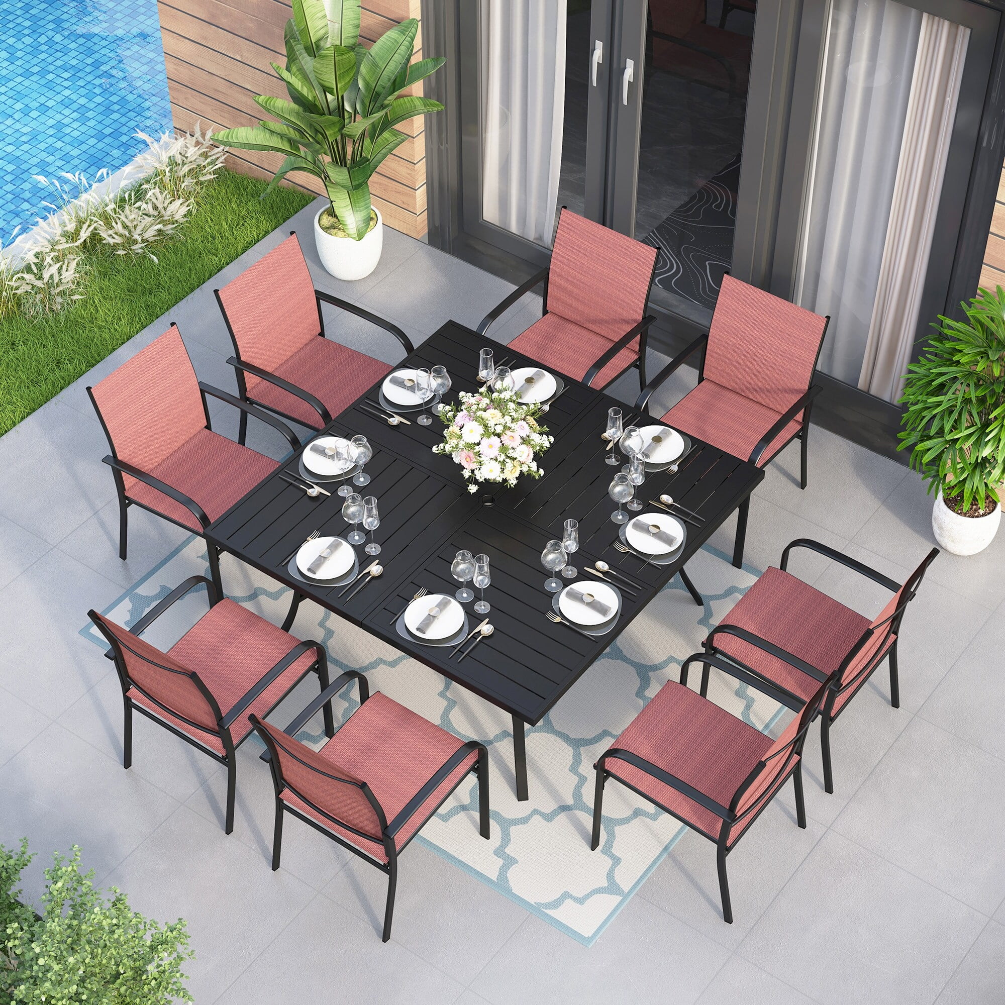 9Piece Patio Dining Set, 60 Inch Square Metal Table and 8 Textilene