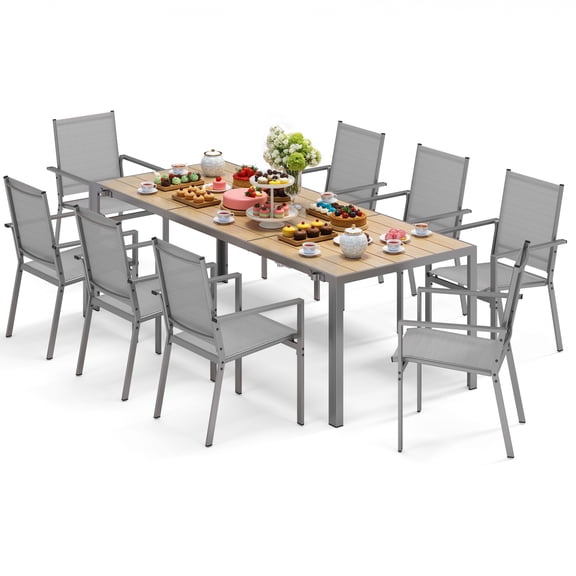 9 Piece Patio Dining Set for 8, Noelse Outdoor Patio Furniture with Detachable Umbrella Hole, Stackable Textilene Chairs for Backyard Deck Garden, Gray