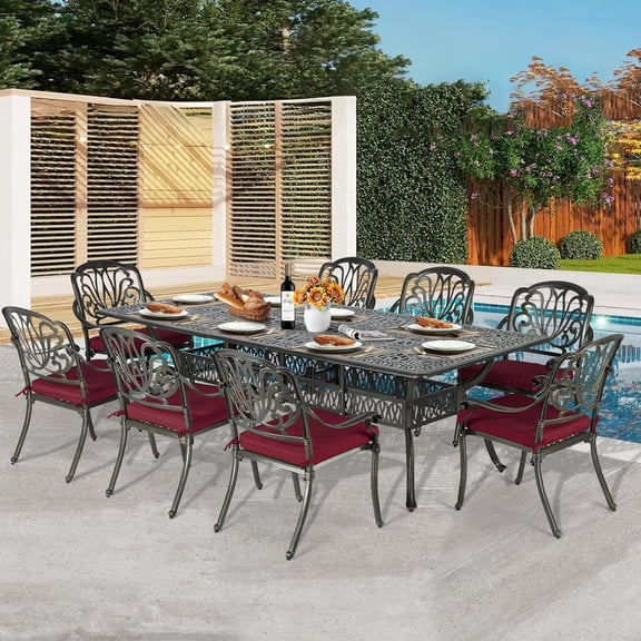 9-Piece Patio Dining Set for 8, All Weather Cast Aluminum Outdoor Funiture Table and Chairs Set - 94.5" Rectangular Table and 8 Cushioned Dining Chairs, 2" Umbrella Hole, Chili Red