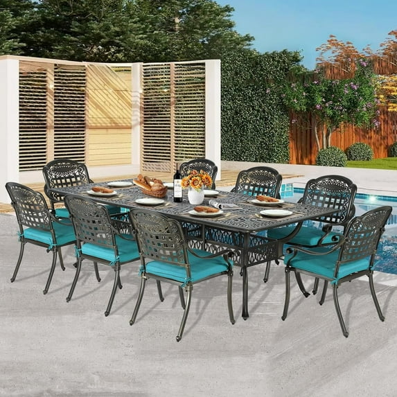 9-Piece Patio Dining Set for 8, All Weather Cast Aluminum Outdoor Funiture Table and Chairs Set - 94.5” Rectangular Table and 8 Cushioned Dining Chairs, 2" Umbrella Hole, Ocean Blue