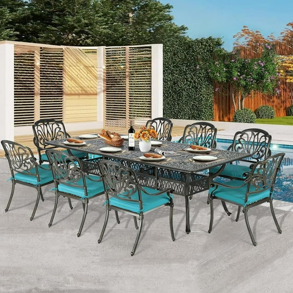 9-Piece Patio Dining Set for 8, All Weather Cast Aluminum Outdoor Funiture Table and Chairs Set - 94.5" Rectangular Table and 8 Cushioned Dining Chairs, 2" Umbrella Hole, Ocean Blue