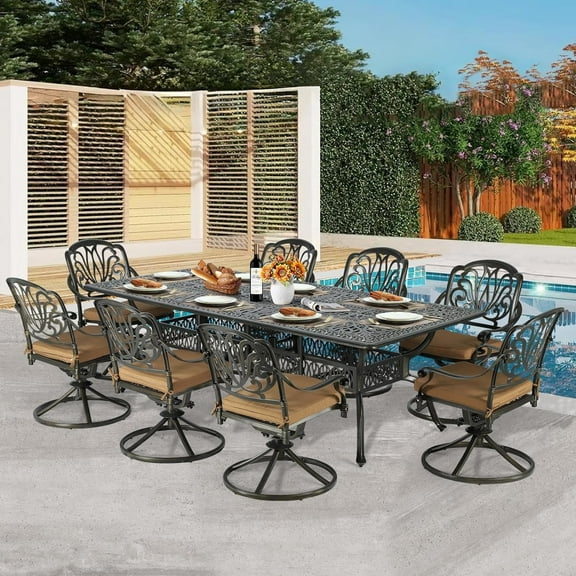 9-Piece Patio Dining Set for 8, All Weather Cast Aluminum Outdoor Funiture Table and Chairs Set - 94.5" Rectangular Table and 8 Cushioned Swivel Rocker Chairs, Umbrella Hole, Khaki
