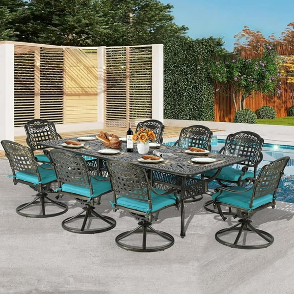 9-Piece Patio Dining Set for 8, All Weather Cast Aluminum Outdoor Funiture Table and Chairs Set - 94.5" Rectangular Table and 8 Cushioned Swivel Rocker Chairs, Umbrella Hole, Ocean Blue