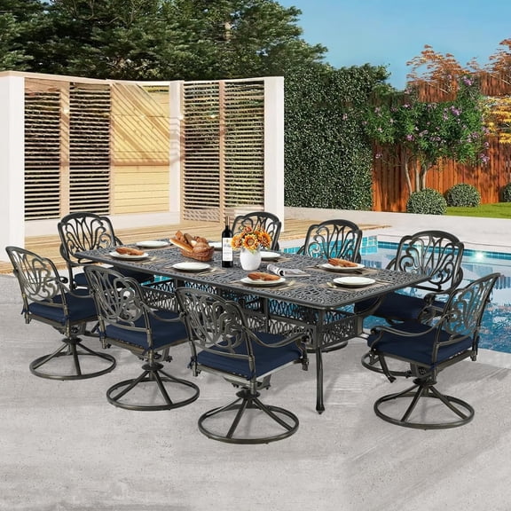 9-Piece Patio Dining Set for 8, All Weather Cast Aluminum Outdoor Funiture Table and Chairs Set - 94.5" Rectangular Table and 8 Cushioned Swivel Rocker Chairs, Umbrella Hole, Navy Blue
