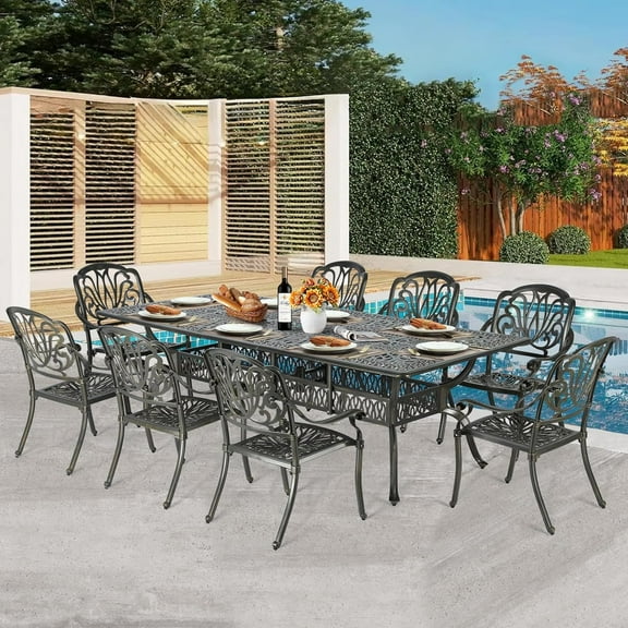 9-Piece Patio Dining Set for 8, All Weather Cast Aluminum Outdoor Funiture Table and Chairs Set - 94.5" Rectangular Table and 8 Dining Chairs, 2" Umbrella Hole