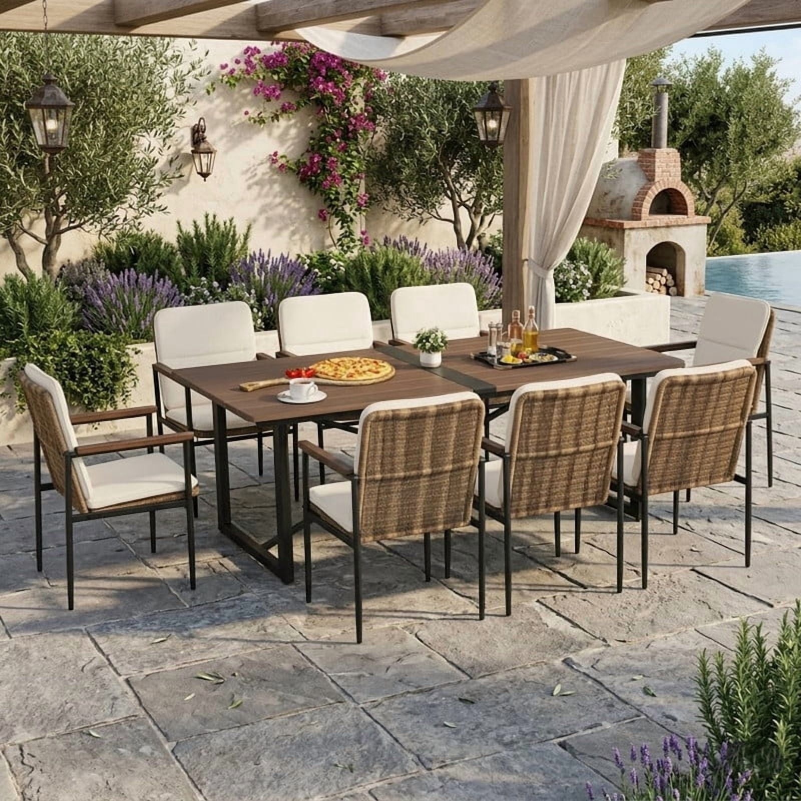 9 Piece Patio Dining Set, Outdoor Patio Table and Chairs Set with Large Wooden Dining Table and 8 Wicker Dining Chairs
