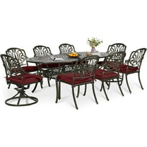 9-Piece Patio Dining Set, Outdoor Patio Table and Chair Set of 84” Oval Cast Aluminum Dining Table with Umbrella Hole, 6 Stationary, 2 Swivel Rocker Chairs, Patio Funiture Set, Red