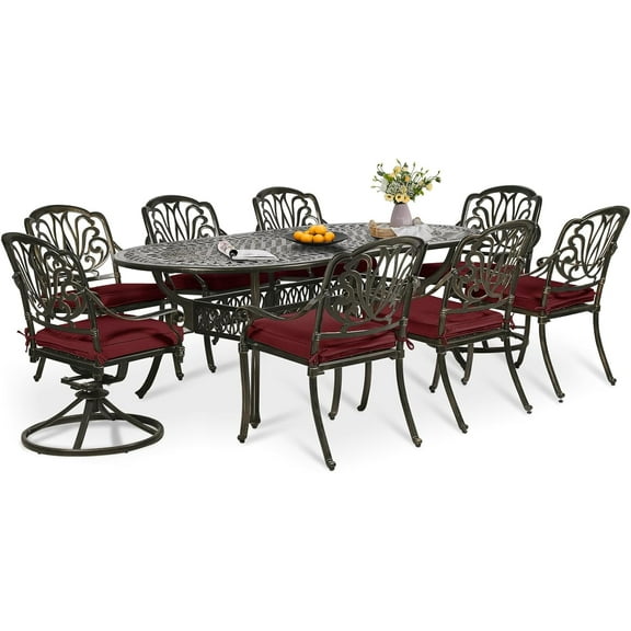 9-Piece Patio Dining Set, Outdoor Patio Table and Chair Set of 84” Oval Cast Aluminum Dining Table with Umbrella Hole, 6 Stationary, 2 Swivel Rocker Chairs, Patio Funiture Set, Red