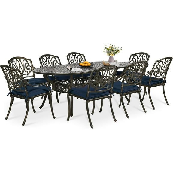 9-Piece Patio Dining Set, Outdoor Patio Table and Chair Set of 84” Oval Cast Aluminum Dining Table with Umbrella Hole and 8 Outdoor Dining Cushion Chairs, Patio Funiture Set for Garden, Navy