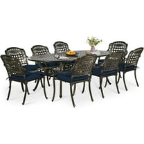 9-Piece Patio Dining Set, Outdoor Patio Table and Chair Set of 84” Oval Cast Aluminum Dining Table with Umbrella Hole and 8 Outdoor Dining Cushion Chairs, Patio Funiture Set for Garden, Navy