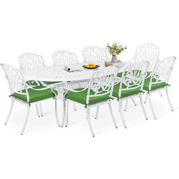 9-Piece Patio Dining Set, Outdoor Patio Table and Chair Set of 84” Oval Cast Aluminum Dining Table with Umbrella Hole and 8 Outdoor Dining Cushion Chairs, Patio Funiture Set, White