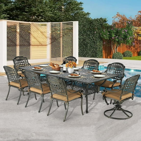 9-Piece Patio Dining Set, All Weather Cast Aluminum Outdoor Funiture Table and Chairs Set - 94.5" Rectangular Table and 2 Swivel Rocker Chairs, 6 Stationary, Umbrella Hole, Khaki