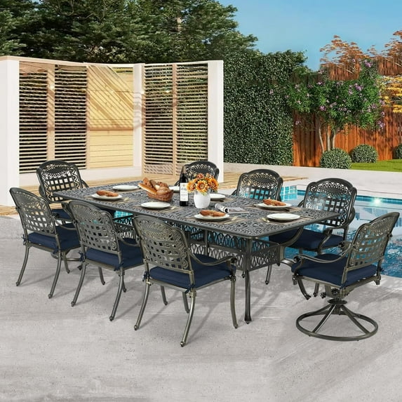 9-Piece Patio Dining Set, All Weather Cast Aluminum Outdoor Funiture Table and Chairs Set - 94.5" Rectangular Table and 2 Swivel Rocker Chairs, 6 Stationary, Umbrella Hole, Navy Blue