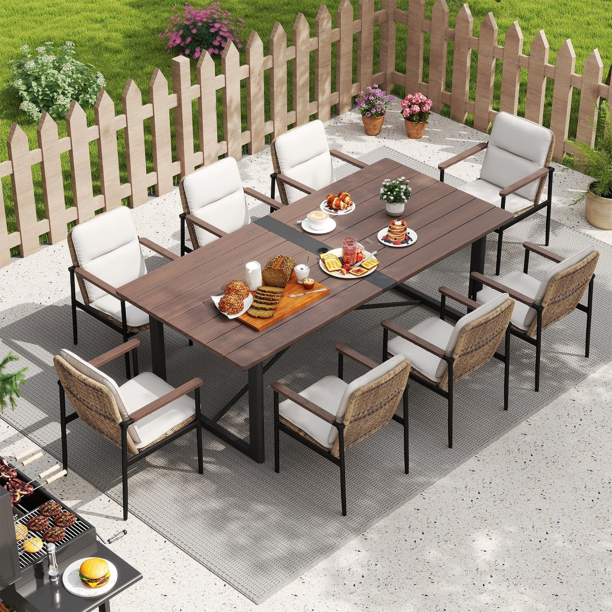 9 Piece Patio Dining Set for 8, Wicker Chairs with Aluminum Frame & Olefin Cushions, Acacia Wood Table with Umbrella Hole for Backyard Garden Porch