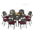 thumbnail image 1 of 9-Piece Patio Furniture Dining Set, All Weather Cast Aluminum Outdoor Conversation Set- 61" Round Patio Dining Table with Detachable Lazy Susan & 8 Chairs, 2" Umbrella Hole, Chili Red, 1 of 9