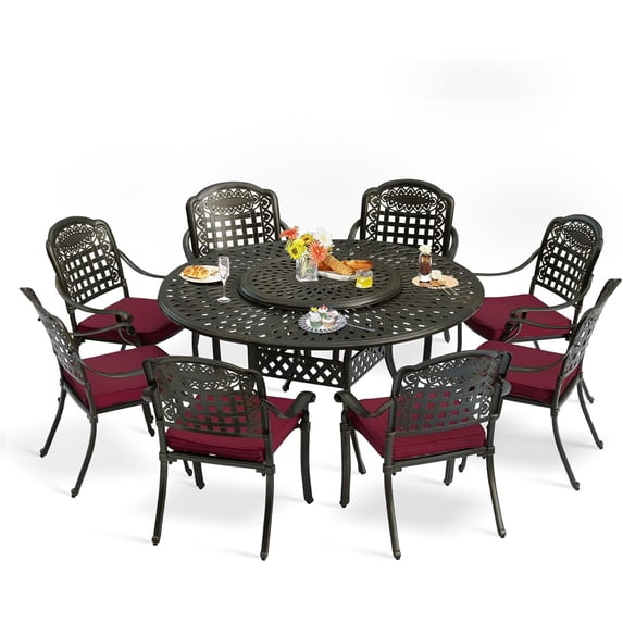 9-Piece Patio Furniture Dining Set, All Weather Cast Aluminum Outdoor Conversation Set- 61" Round Patio Dining Table with Detachable Lazy Susan & 8 Chairs, 2" Umbrella Hole, Chili Red