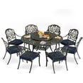 thumbnail image 1 of 9-Piece Patio Furniture Dining Set, All Weather Cast Aluminum Outdoor Conversation Set- 61" Round Patio Dining Table with Detachable Lazy Susan & 8 Cushioned Chairs, Umbrella Hole, Navy Blue, 1 of 9